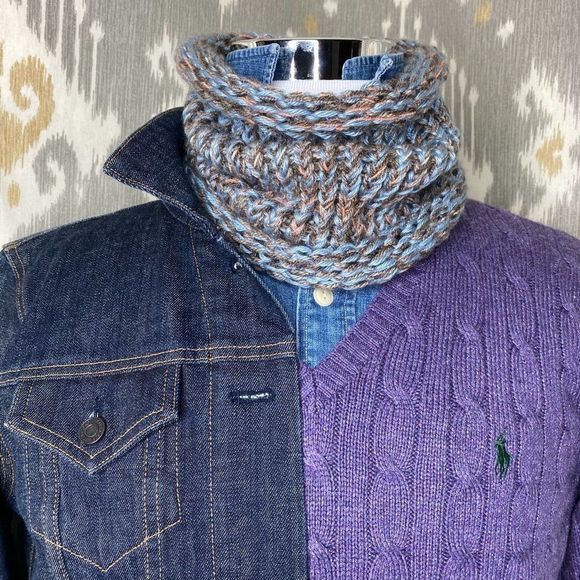 Hand Crafted Other - Unisex Hand Knit Marled Blue & Khaki Snood Scarf